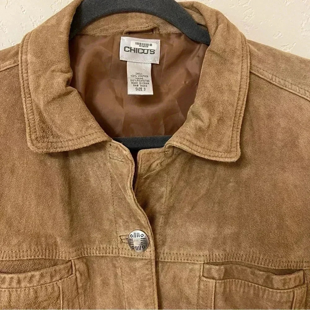 Chico's Womens Size 3 Suede 100% Leather Lined Tan Jacket With Metal Buttons - Picture 4 of 9